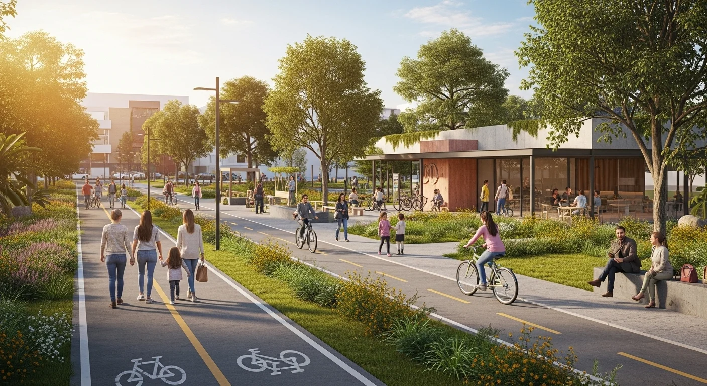 Parque urbano en un municipio mexicano con ciclovías, áreas verdes y gente disfrutando del espacio, como ejemplo de desarrollo urbano sostenible.