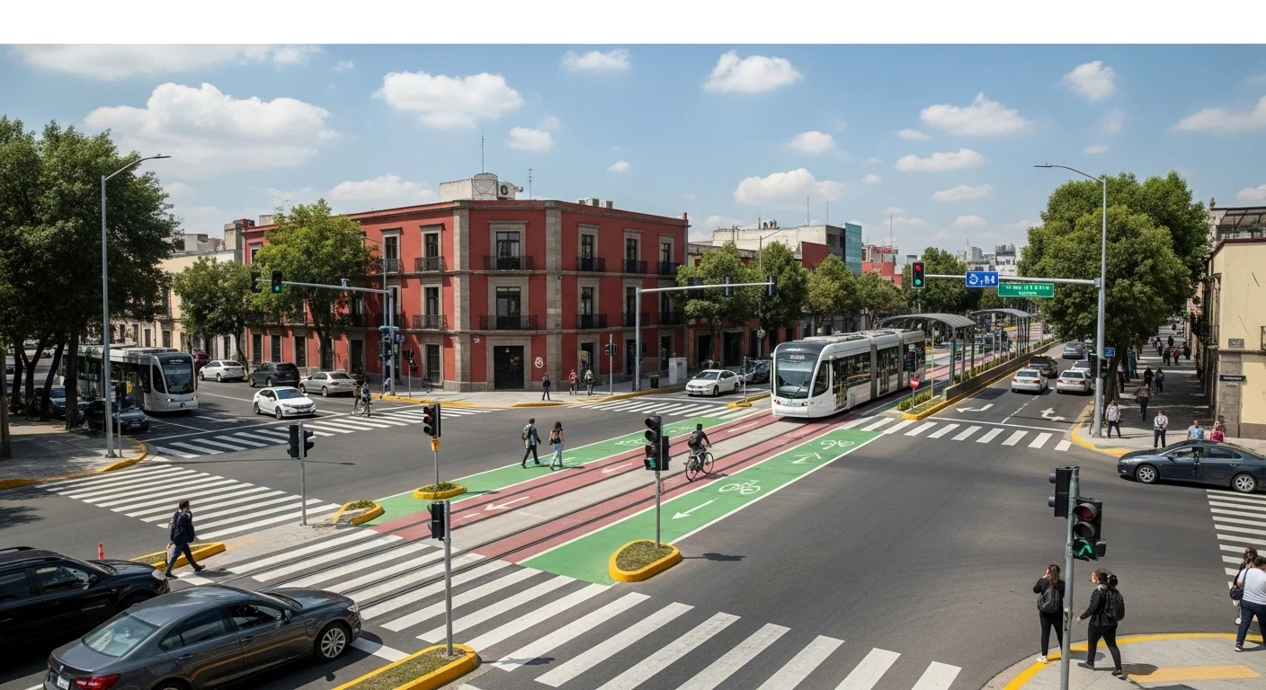 Intersección urbana en una ciudad mexicana mostrando infraestructura para transporte sostenible: carril de metrobús, ciclovía y cruces peatonales seguros.