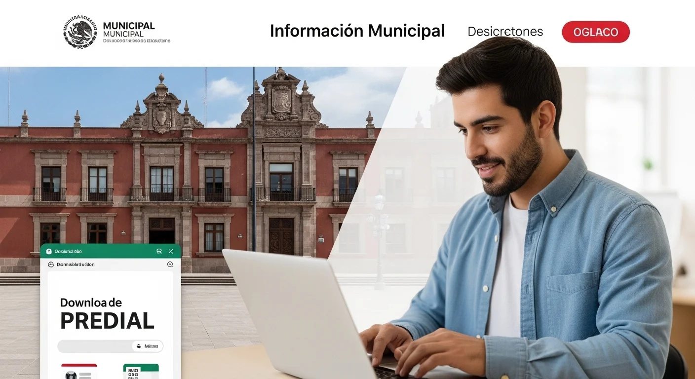 Ciudadano usando una laptop para descargar el predial en linea, con el palacio municipal de un municipio mexicano al fondo.