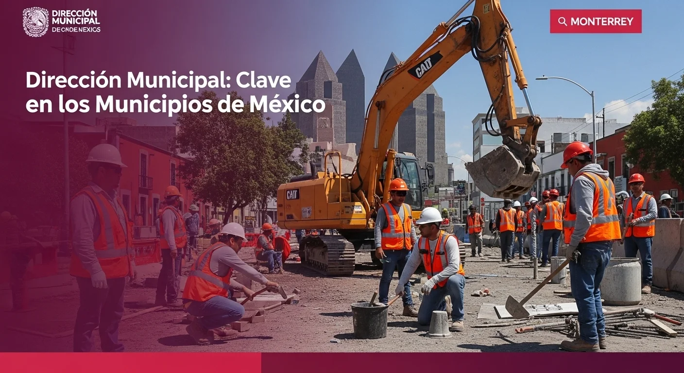 Trabajadores de la construcción en un proyecto de obra pública municipal en una ciudad de México, supervisado por la Dirección de Obras Públicas.