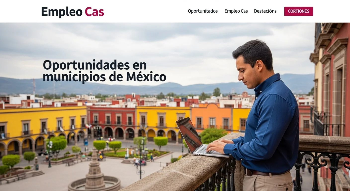 Una persona trabajando en una laptop desde un balcón con vista a una plaza colorida de un municipio mexicano, simbolizando el Empleo Cas.
