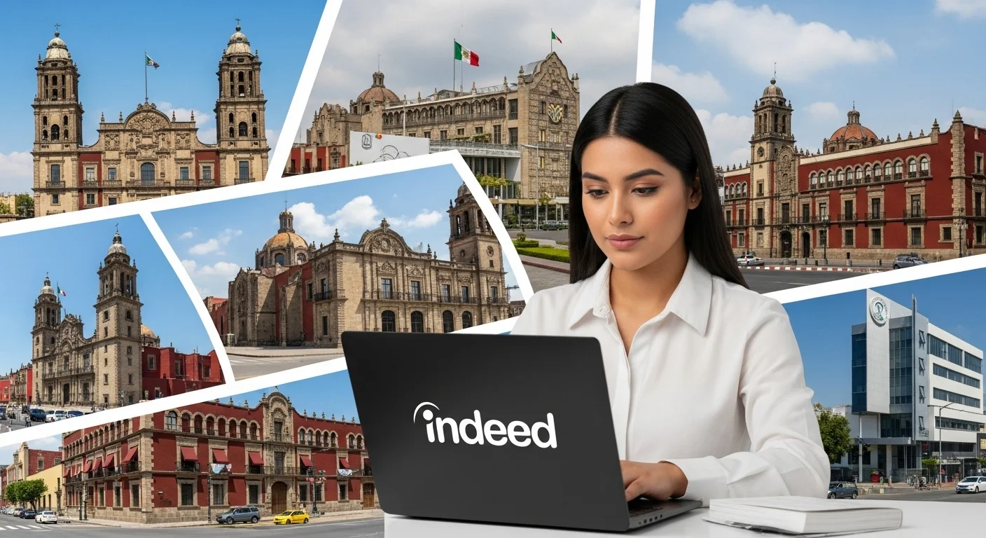 Una persona utilizando una laptop con el logo de Indeed en la pantalla, con un collage de fondo que muestra varios palacios municipales de México.