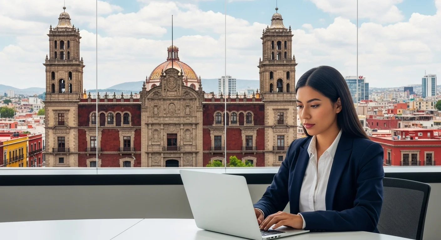 Una persona joven viendo ofertas de empleo en una laptop con el palacio municipal de una ciudad mexicana al fondo.