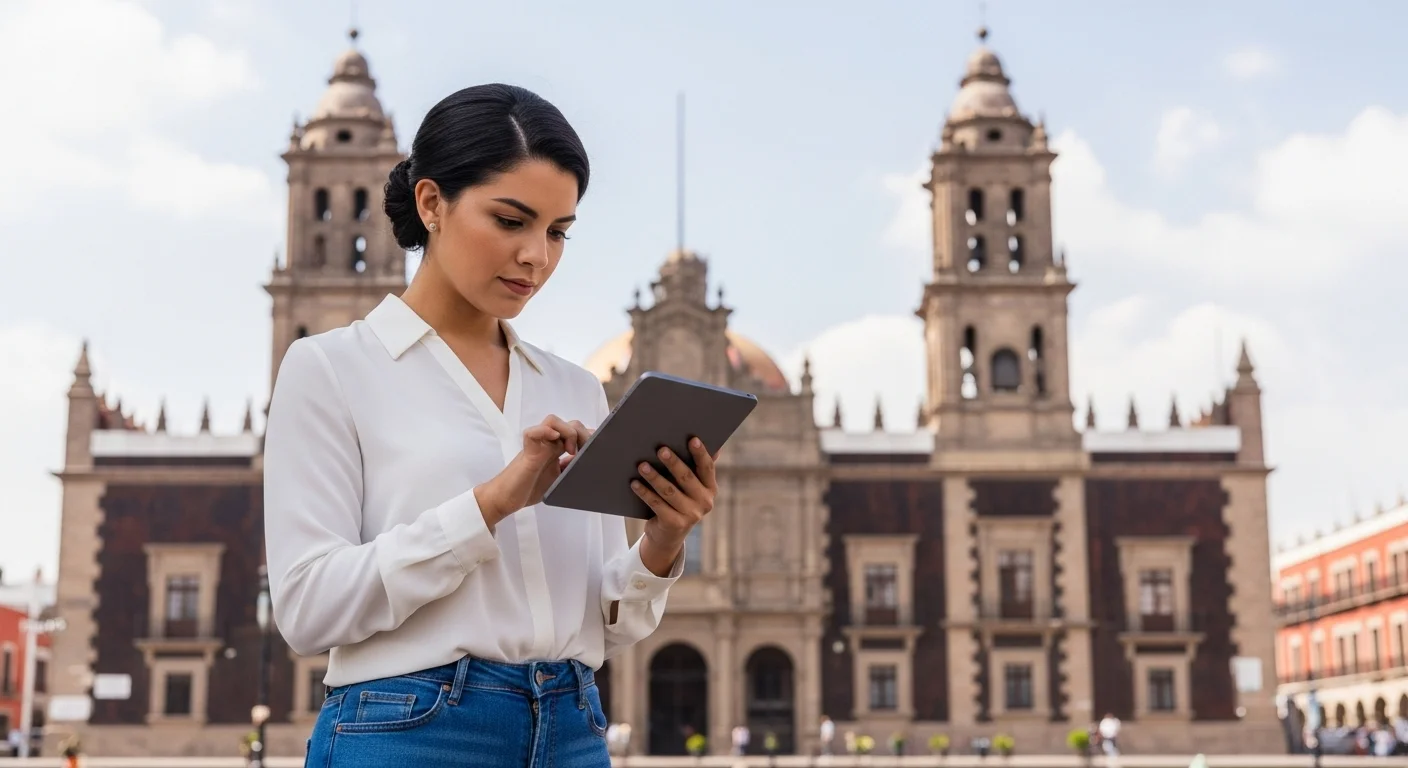 Una persona buscando ofertas de empleo en una tableta con el palacio municipal de una ciudad mexicana de fondo, simbolizando los Empleos Lunes en municipios.