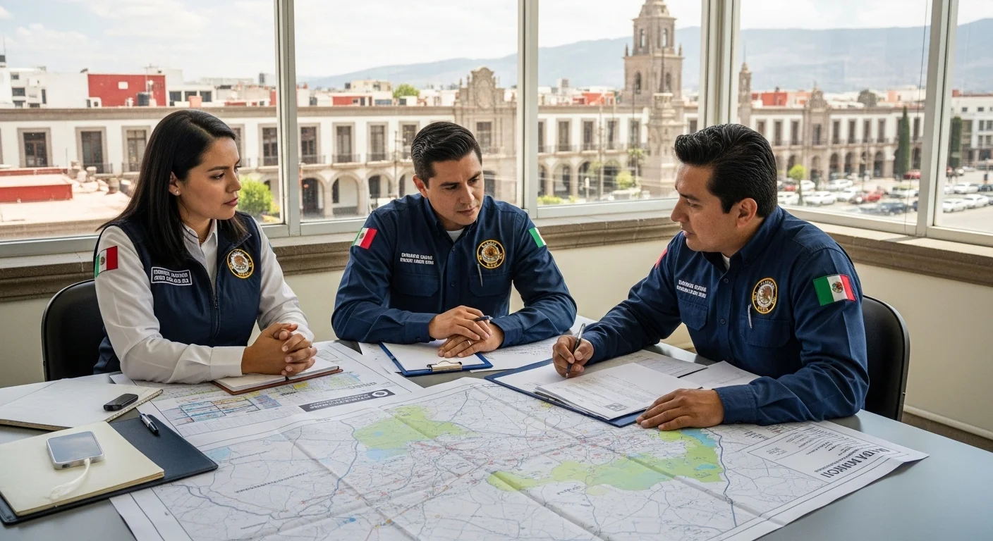 Equipo de Protección Civil de un municipio mexicano en una reunión de planificación de emergencias, analizando mapas de riesgo.