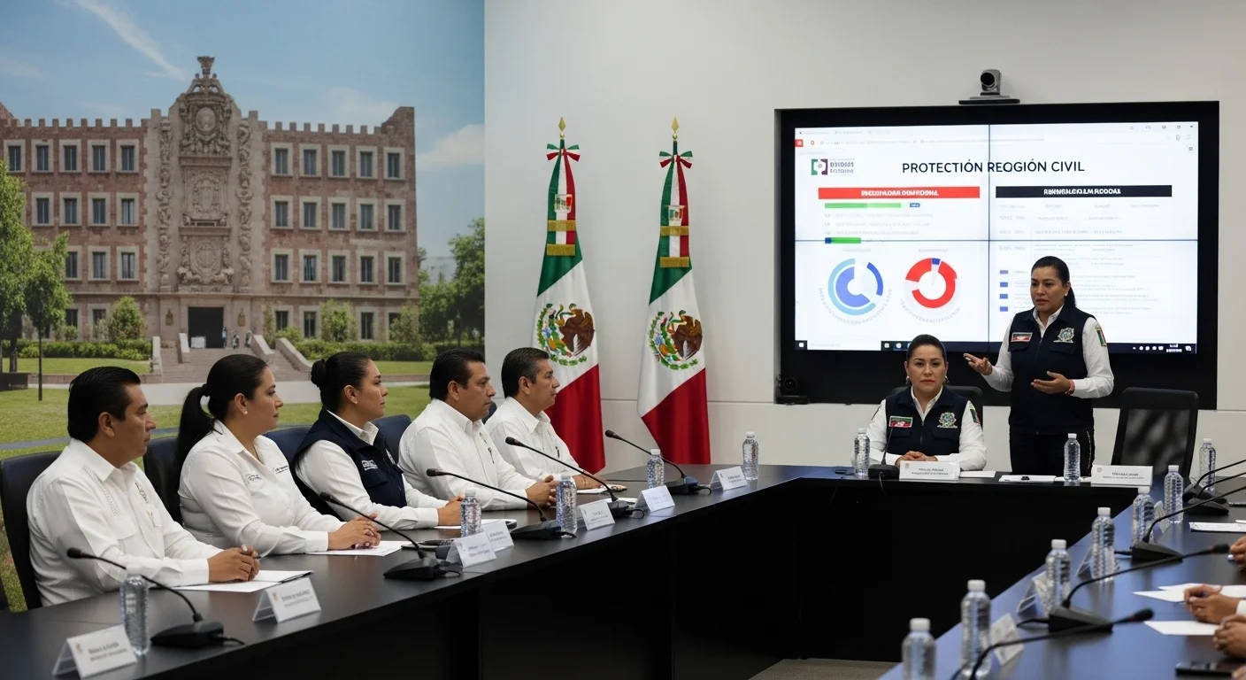 Miembros de Protección Civil del Estado en una reunión de planificación con alcaldes y regidores de varios municipios mexicanos.