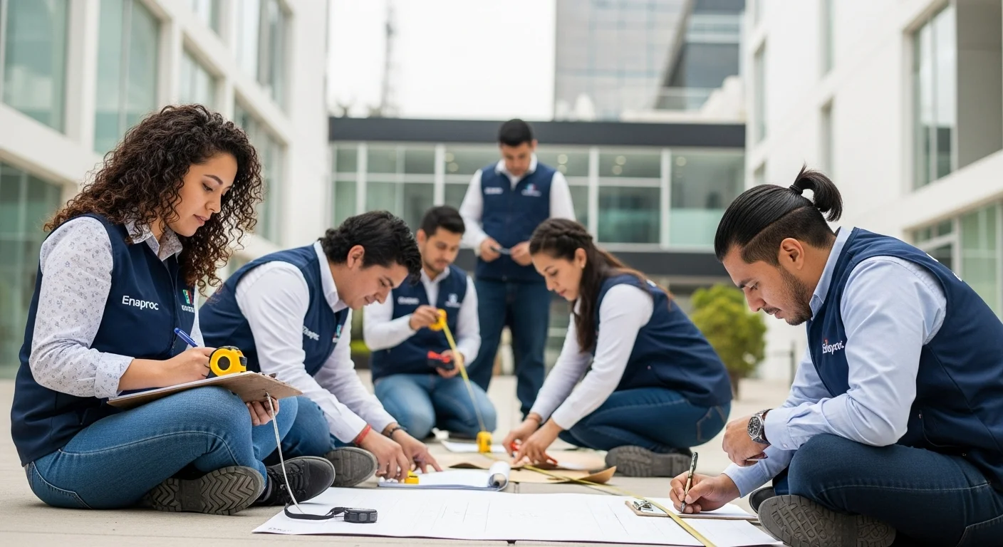 Estudiantes de una licenciatura de Enaproc realizando una práctica de campo en una zona de infraestructura municipal.