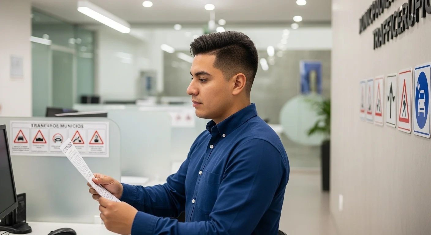 Ciudadano realizando el examen para conducir licenci en una oficina de tránsito de un municipio mexicano.