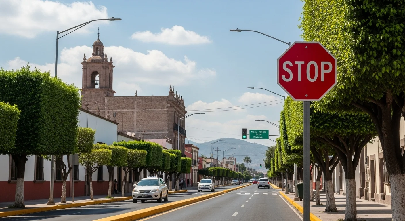Señal de tráfico de alto en una calle de un municipio mexicano, relevante para el examen práctico de conducir.
