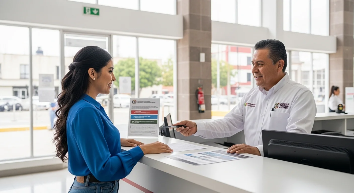 Oficina de licencias de un ayuntamiento mexicano donde un ciudadano realiza trámites para conducir coche automático