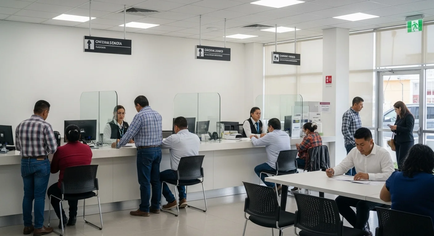 Oficina de tránsito de un municipio mexicano donde ciudadanos realizan trámites para el examen de licencia de conducir.