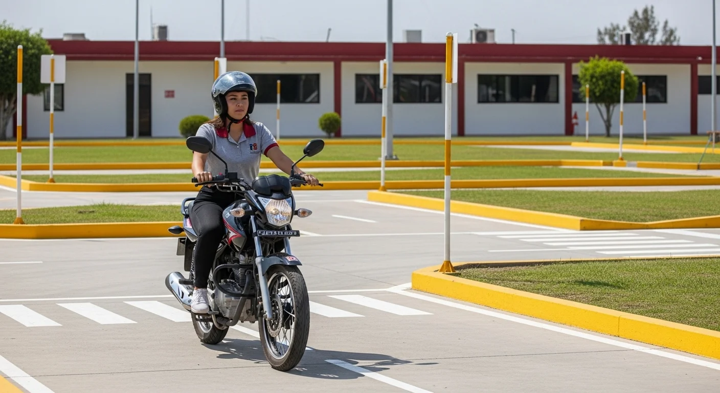 Joven realizando el examen práctico de conducir para moto en un circuito de pruebas de un ayuntamiento mexicano.