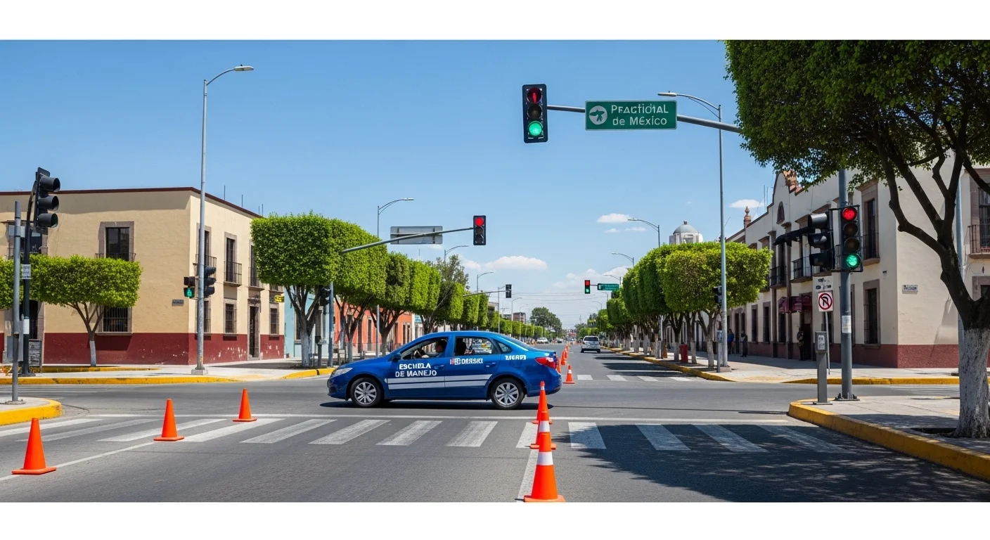 Automóvil de escuela de manejo realizando una prueba práctica de conducción en una calle de un municipio mexicano, con conos de tránsito visibles.