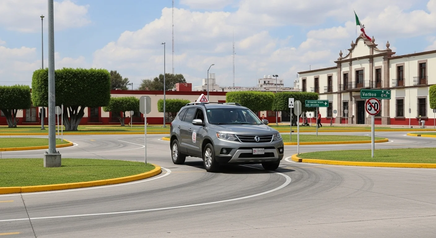 Automóvil realizando un examen práctico de manejo en un circuito de pruebas de un municipio mexicano.