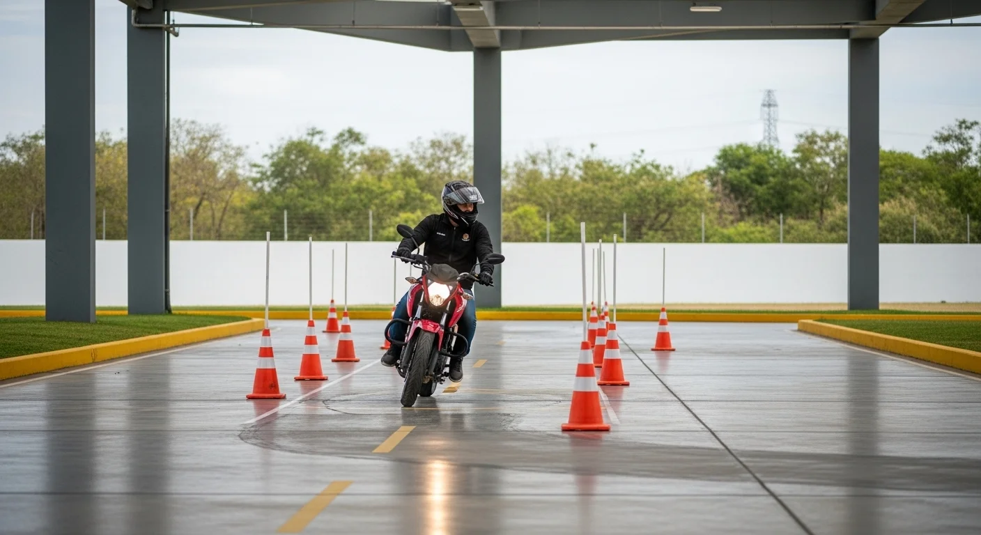 Pista de pruebas para el examen de transito para motos en un municipio, con conos y un aspirante realizando maniobras.