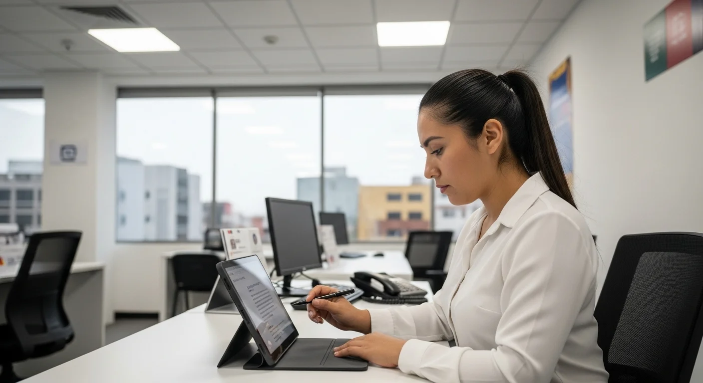 Persona realizando una prueba de conduccion teorica en una tableta digital en una oficina de tránsito municipal en México.