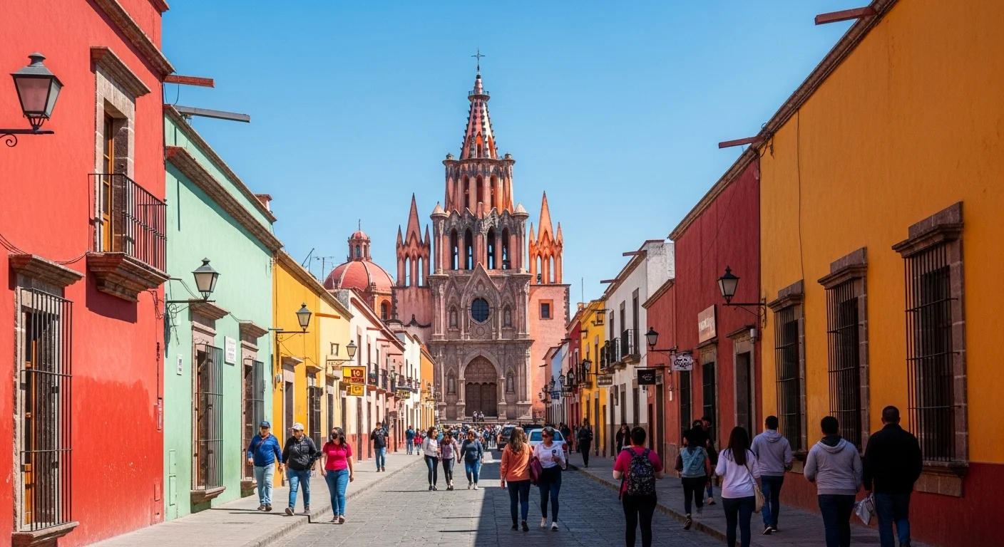 Una calle colorida en San Miguel de Allende, un municipio mexicano popular entre los extranjeros, con la parroquia de San Miguel Arcángel al fondo.