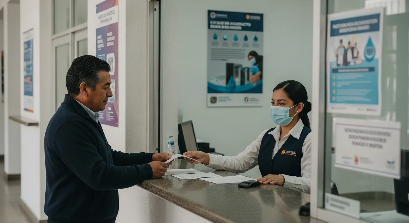 Oficinas de un organismo operador de agua en un municipio mexicano, un ciudadano está realizando el pago de su factura de acueducto.