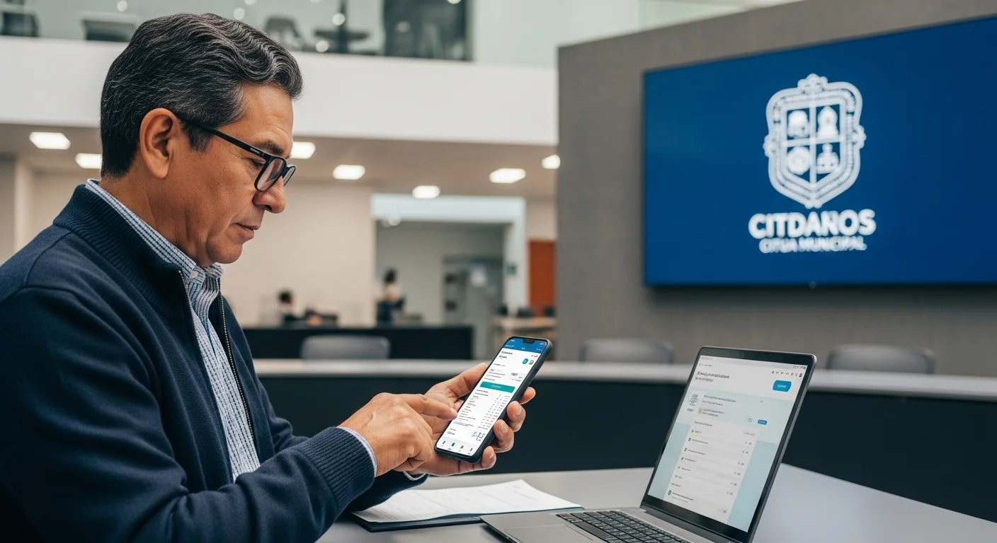 Una persona revisando su factura de agua en un smartphone con el logotipo de un ayuntamiento mexicano de fondo, simbolizando la gestión online en los municipios.