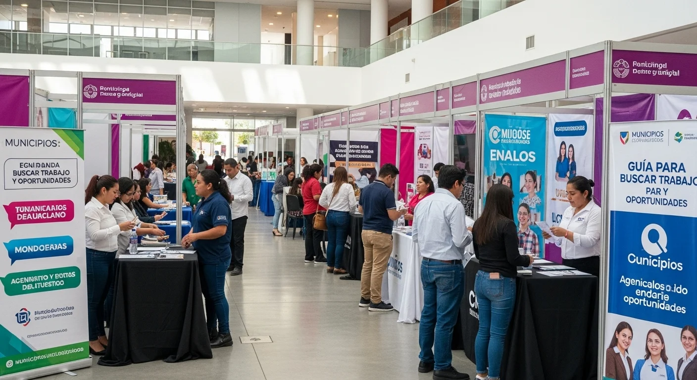 Una feria de empleo organizada por un ayuntamiento, con stands de empresas y personas buscando trabajo, destacando el uso de plataformas y agencias para buscar trabajo.