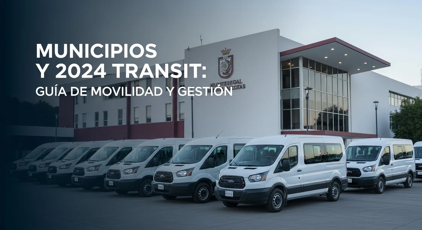 Una flotilla de camionetas Ford Transit 2024 blancas estacionadas frente a un palacio municipal en México, simbolizando la modernización de los servicios públicos.