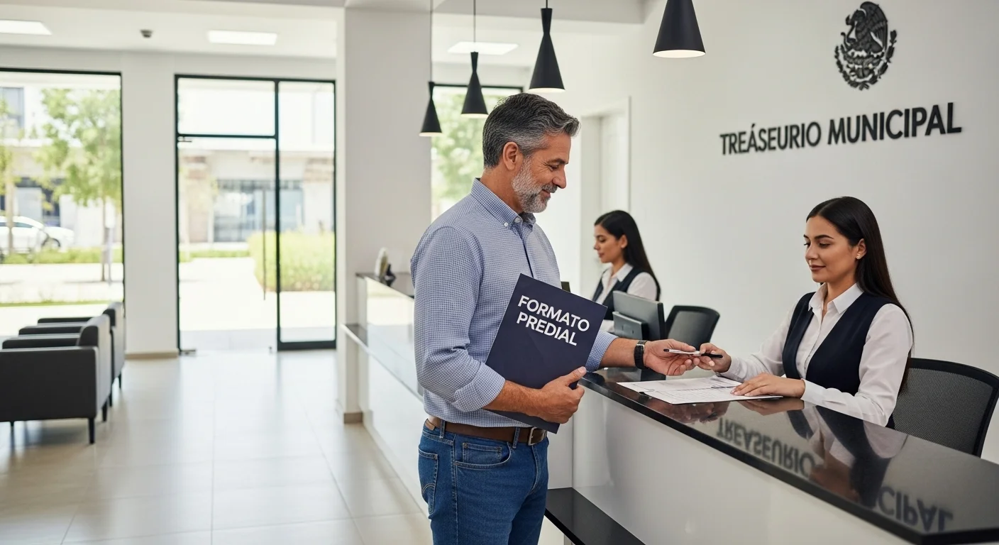 Ciudadano realizando el pago de su impuesto en las oficinas de la tesorería de un municipio mexicano, con el formato predial en mano.