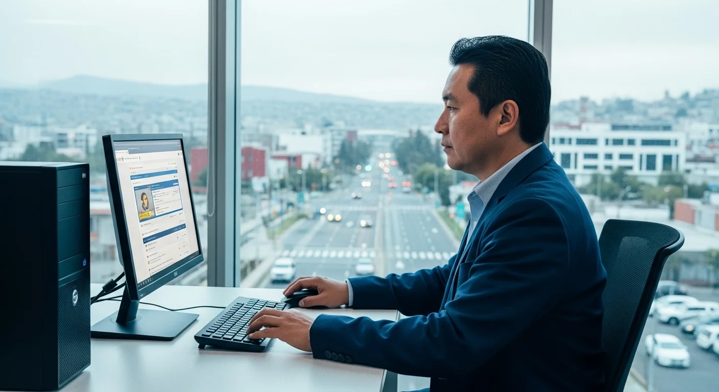Persona utilizando una computadora para realizar trámites digitales en el portal de la Seguridad Social, representando el trabajo de la gerencia de informática.