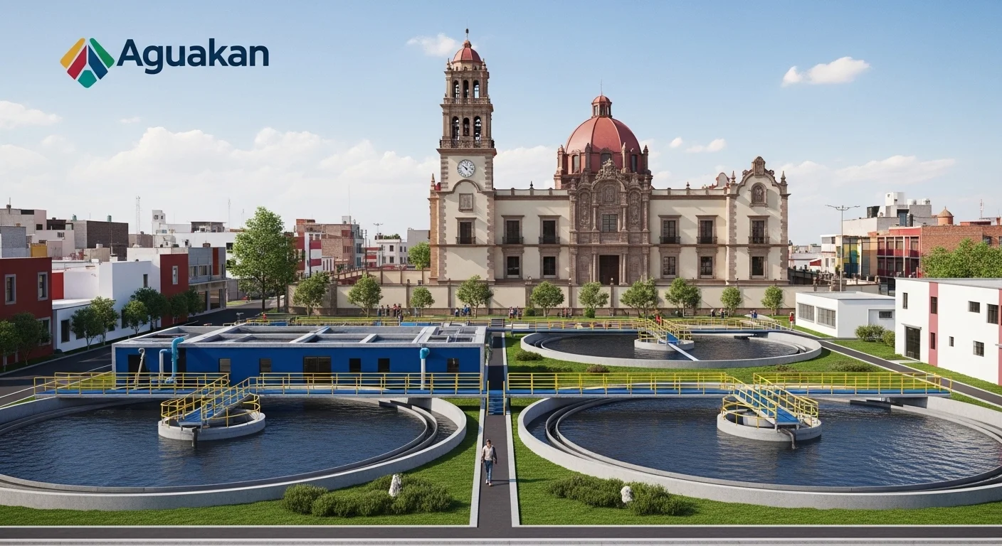 Planta de tratamiento de agua operada por Aguakan con el ayuntamiento municipal de Benito Juárez al fondo