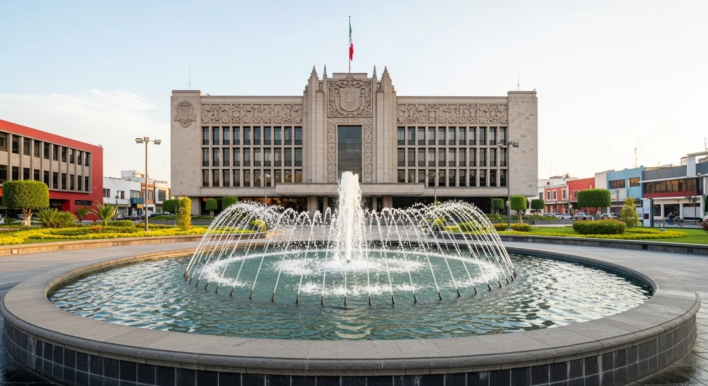 Edificio del ayuntamiento de un municipio mexicano con una fuente de agua en primer plano, simbolizando la gestión de CMAS y los servicios públicos.