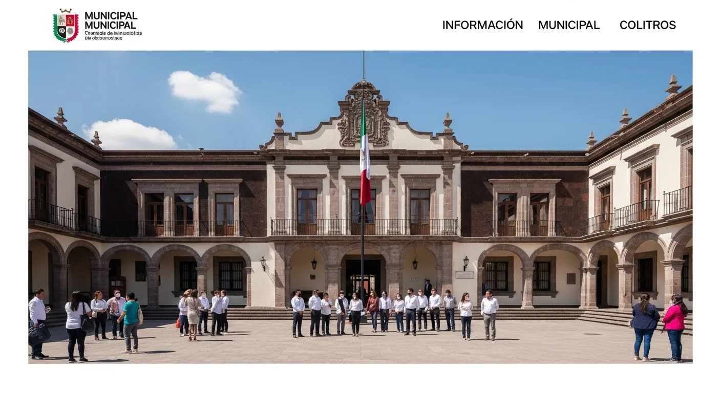 Palacio municipal mexicano con ciudadanos, simbolizando la gestión anual y los servicios a la comunidad.