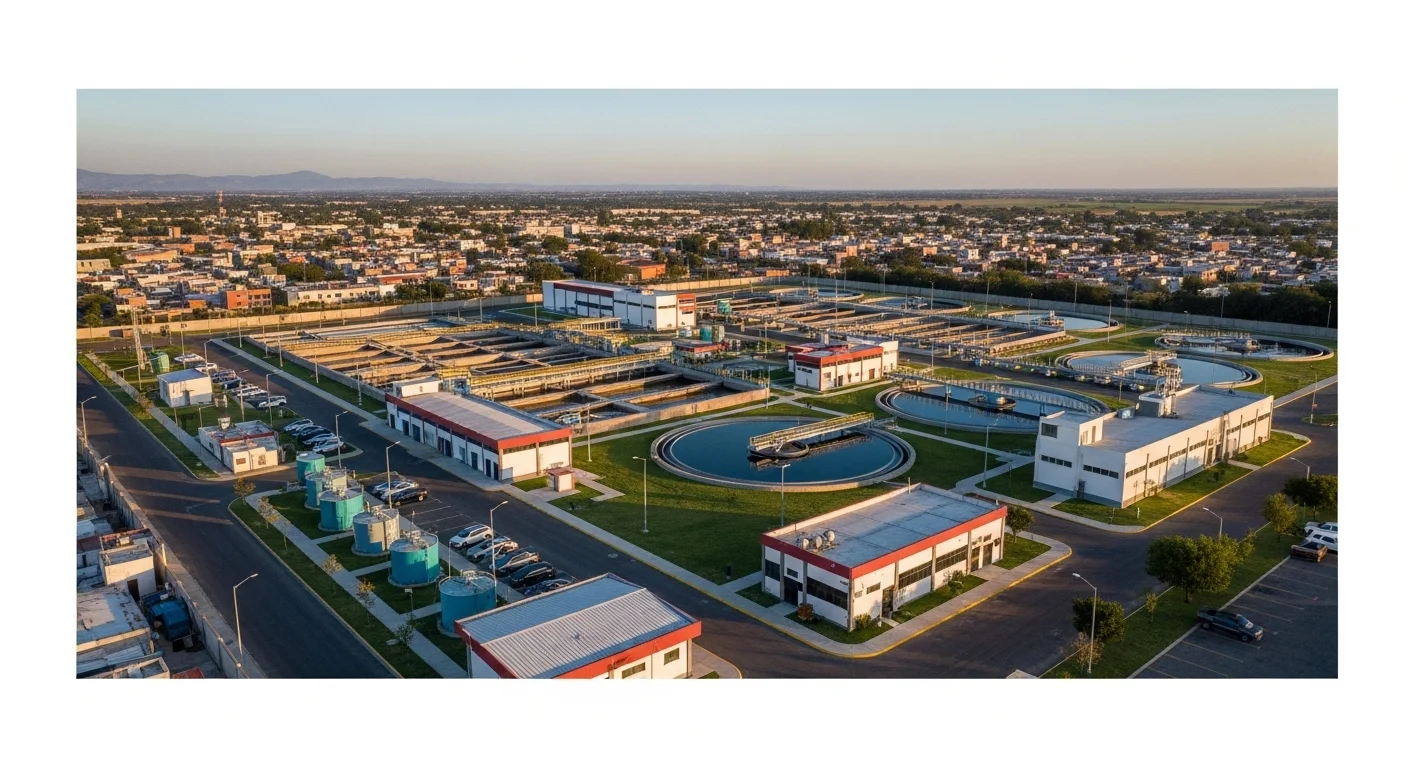 Infraestructura de una planta de tratamiento de agua en un municipio mexicano, representando la gestión hídrica.