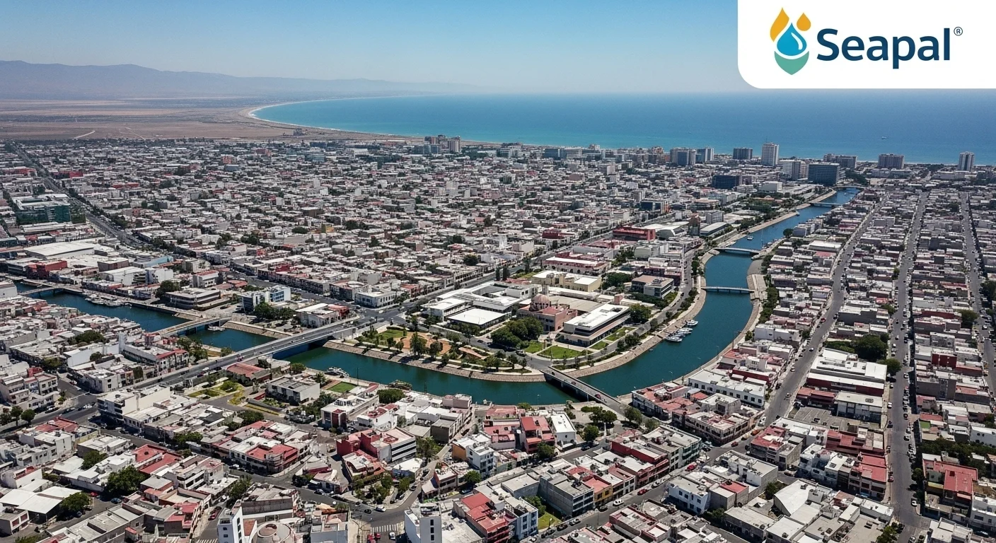 Imagen aérea de una ciudad costera en México que muestra la compleja infraestructura urbana, simbolizando la gestión del agua por parte de municipios y Seapal.