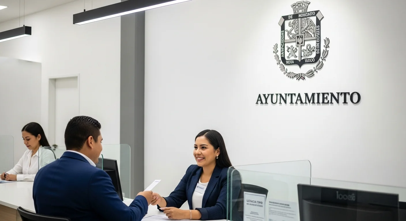 Una oficina de trámites municipales con un ciudadano obteniendo su licencia tipo, con el escudo de un ayuntamiento mexicano al fondo