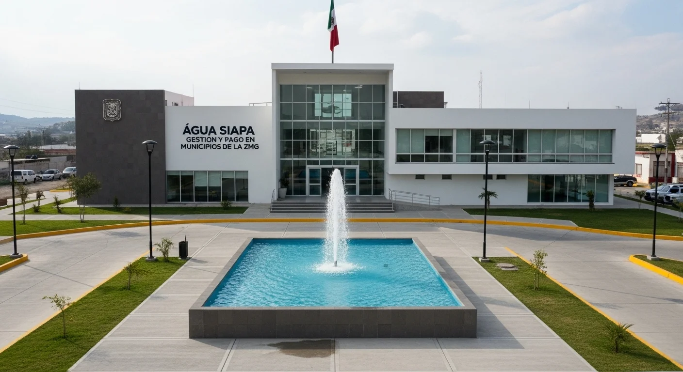 Edificio de un ayuntamiento municipal mexicano con una fuente de agua al frente, simbolizando la gestión del agua por parte de los municipios y SIAPA.