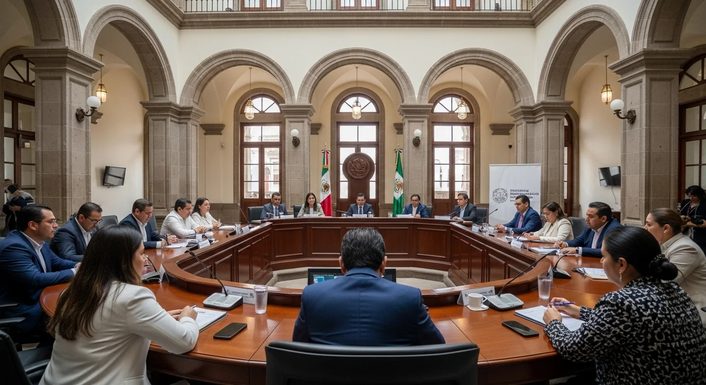 Fotografía del interior de un palacio municipal en México durante una sesión de cabildo donde regidores y alcalde discuten sobre servicios públicos.