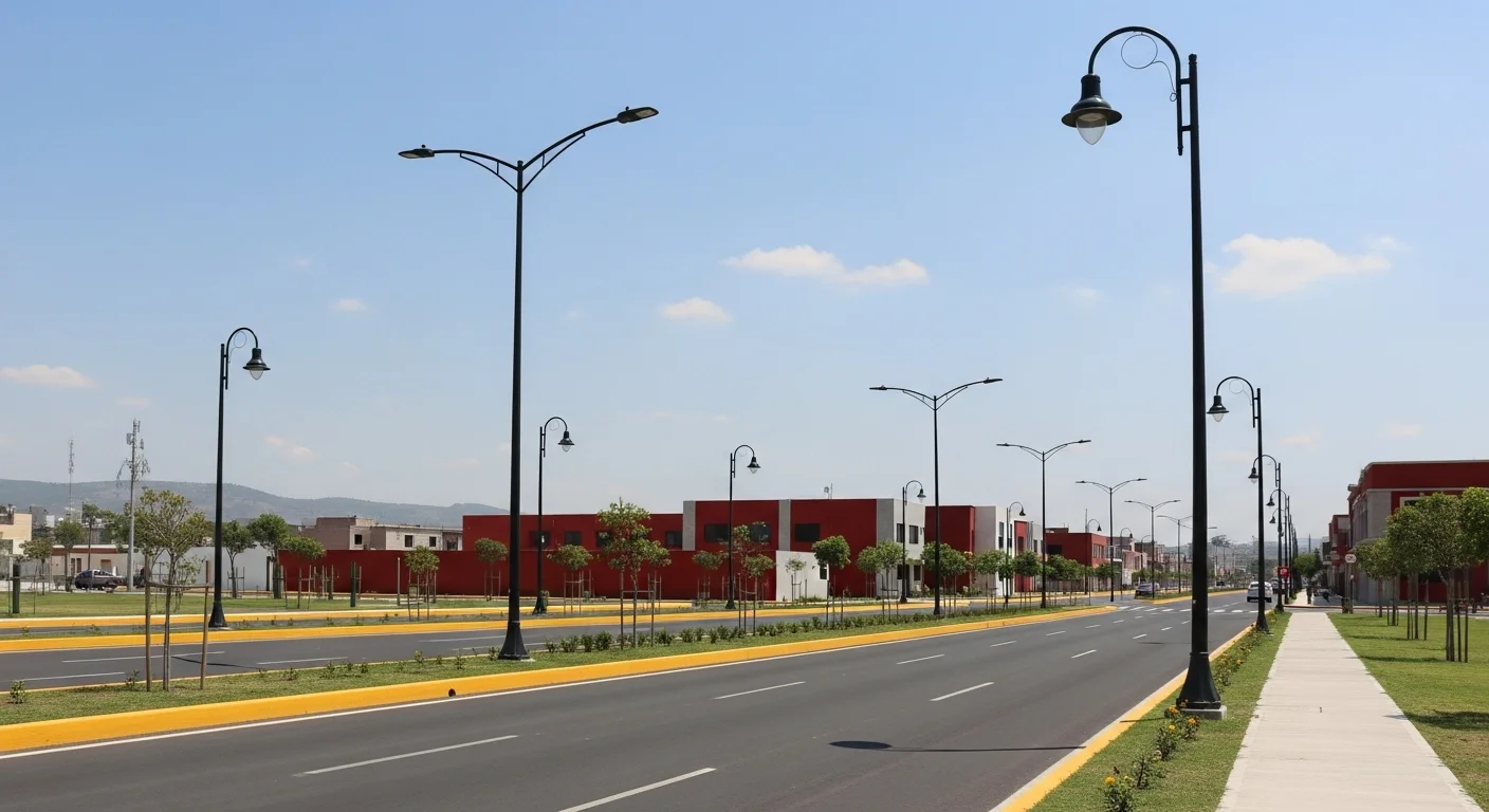 Infraestructura urbana en un municipio de México, mostrando servicios públicos como alumbrado y vialidades.