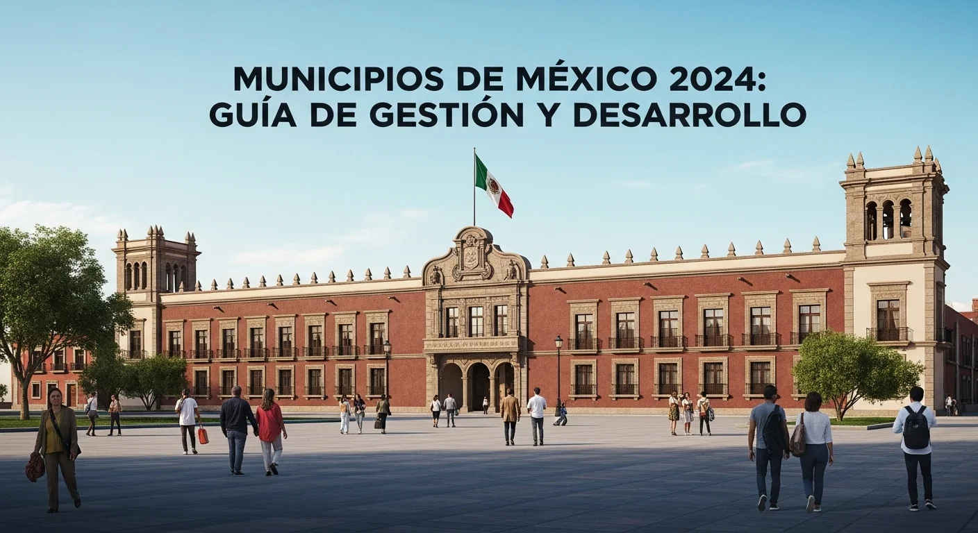 Palacio municipal de un municipio mexicano con ciudadanos caminando al frente, simbolizando la gestión y los servicios en 2024.
