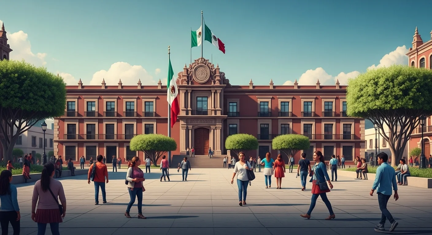 Palacio municipal de una ciudad mexicana con ciudadanos caminando, simbolizando la gestión y los servicios en los municipios 2024.