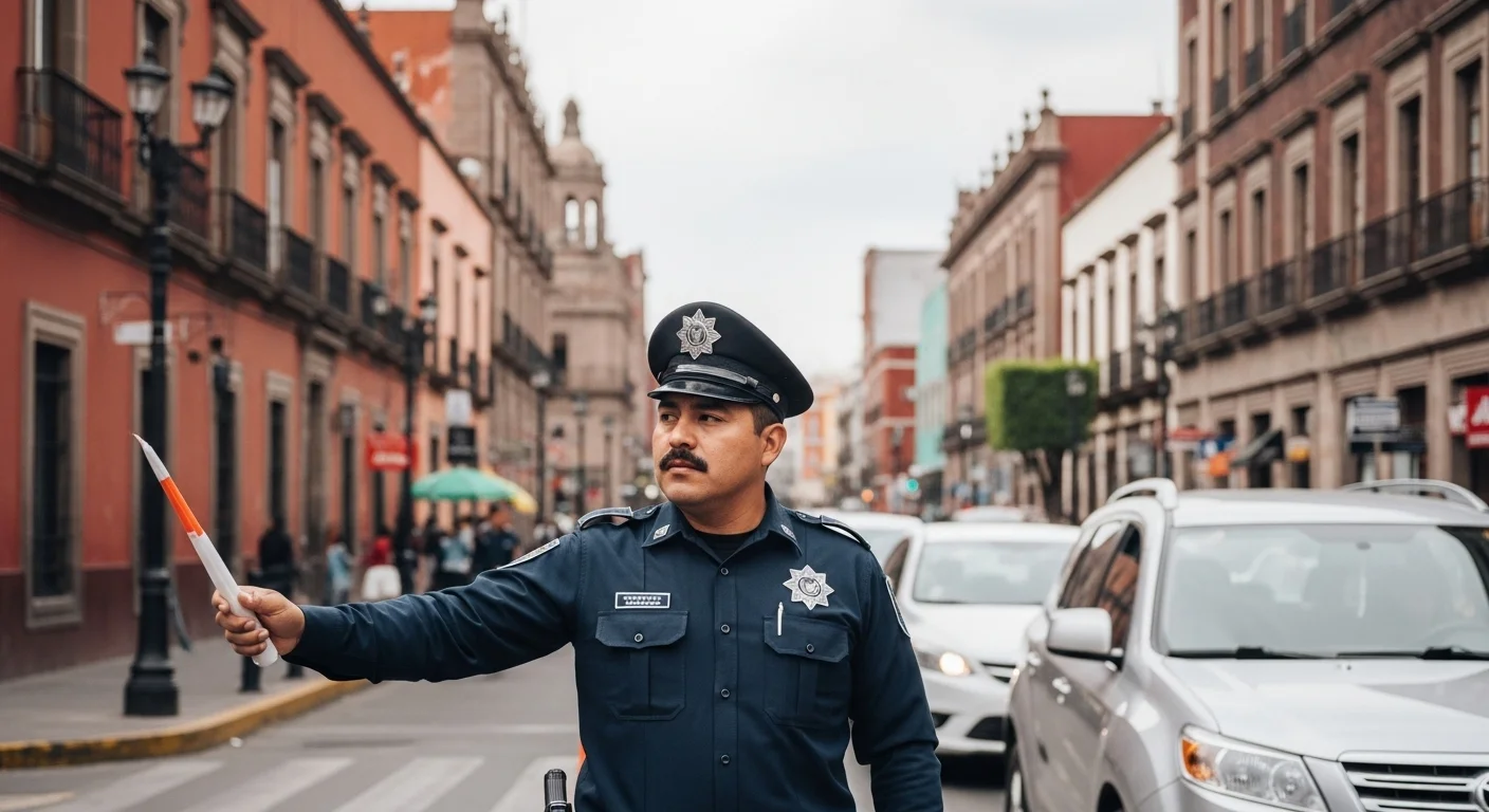 Agente de tránsito municipal gestionando el tráfico en el centro de una ciudad mexicana, ilustrando la colaboración entre municipios y Tránsito del Estado.