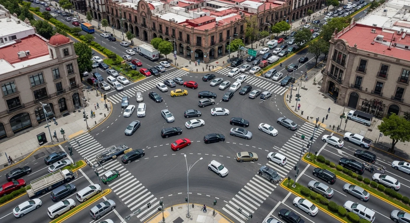 Imagen aérea de una intersección vial concurrida en una ciudad de México, mostrando la complejidad del tránsito municipal.