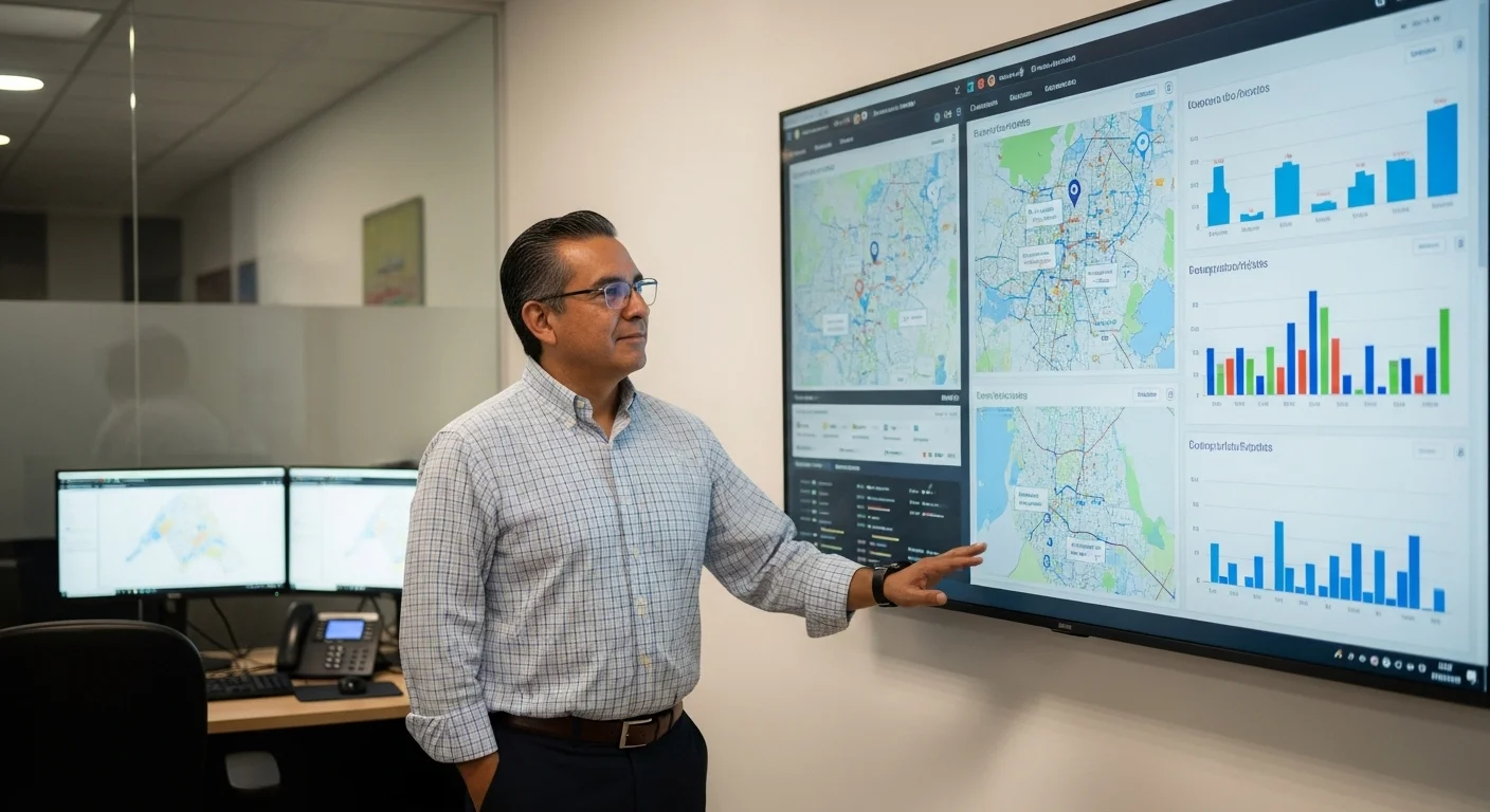 Un funcionario municipal frente a pantallas con gráficos y mapas de un municipio mexicano, analizando datos y palabras clave de los ciudadanos.