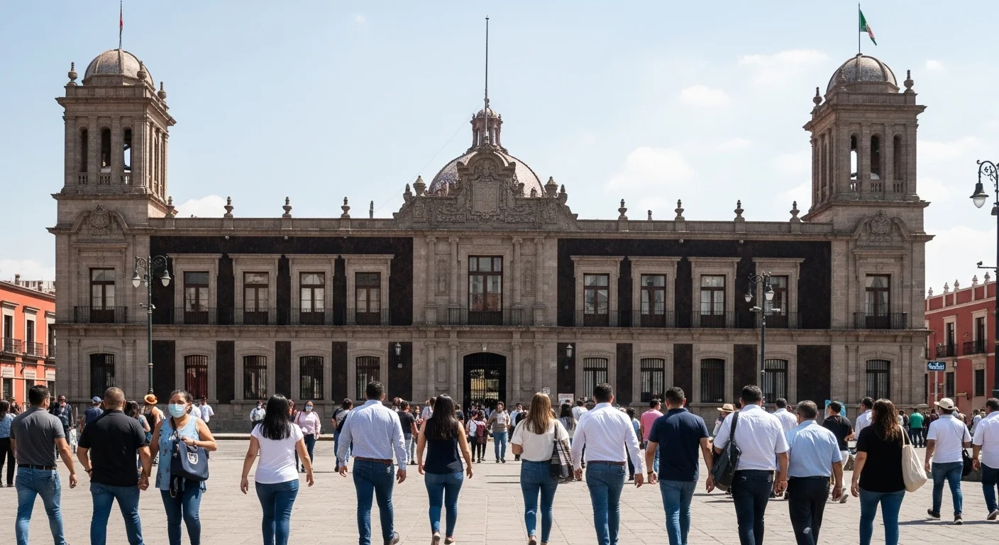 Un palacio municipal en México con personas caminando al frente, representando la conexión entre el ayuntamiento, la infraestructura y la generación de empleo para los ciudadanos.