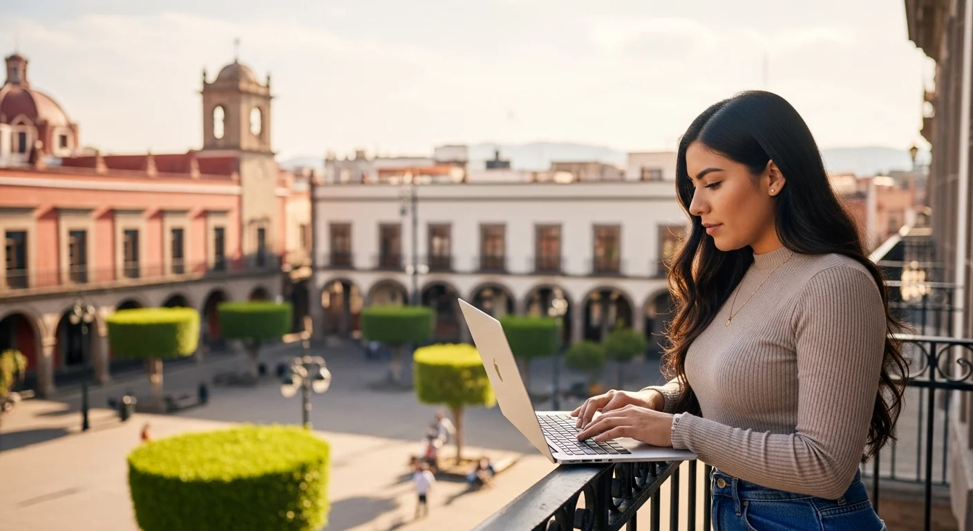 Una persona utilizando una laptop en un balcón con vistas a la plaza principal de un municipio mexicano, representando las ofertas de trabajo desde casa y la vida local.