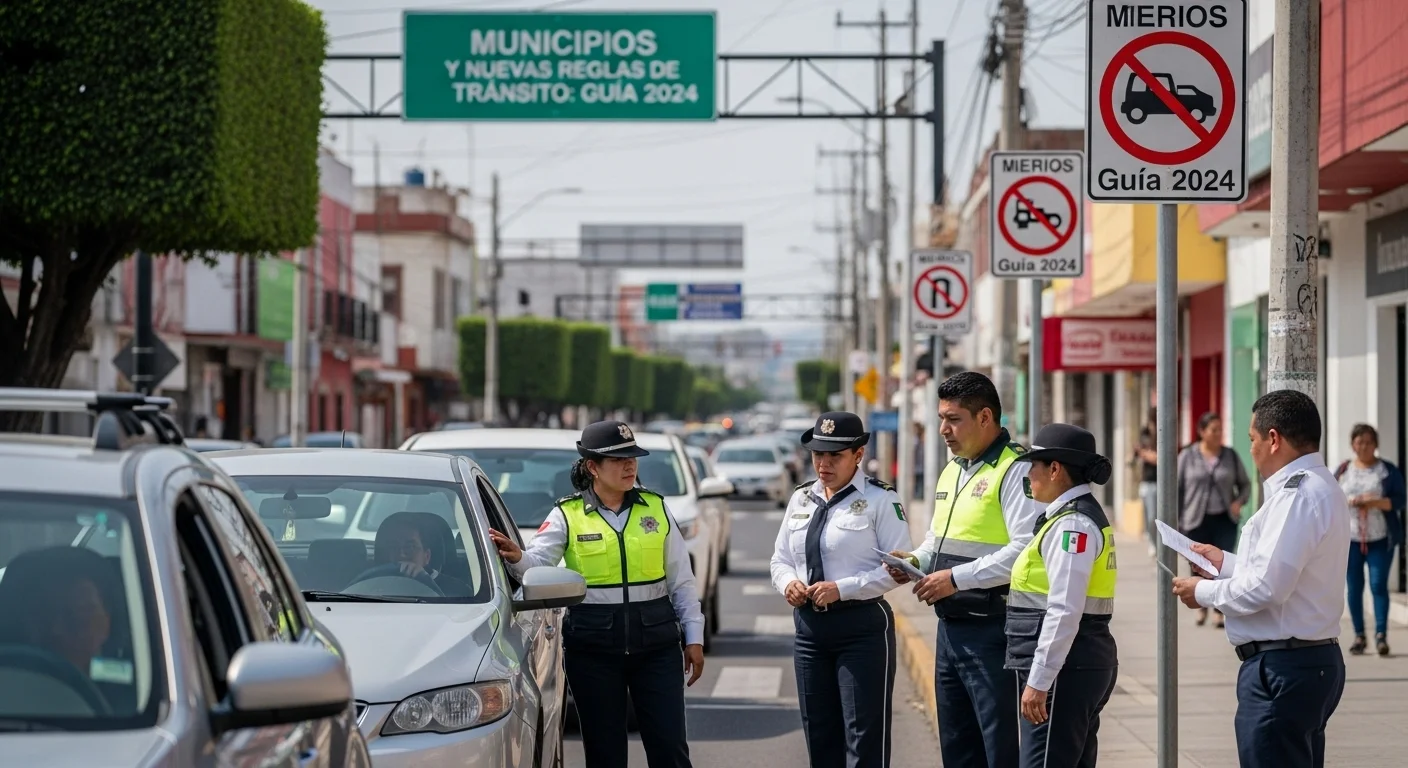 Imagen de una calle en un municipio mexicano con señalización vial nueva y agentes de tránsito explicando las nuevas reglas a los conductores, representando el trabajo del ayuntamiento.
