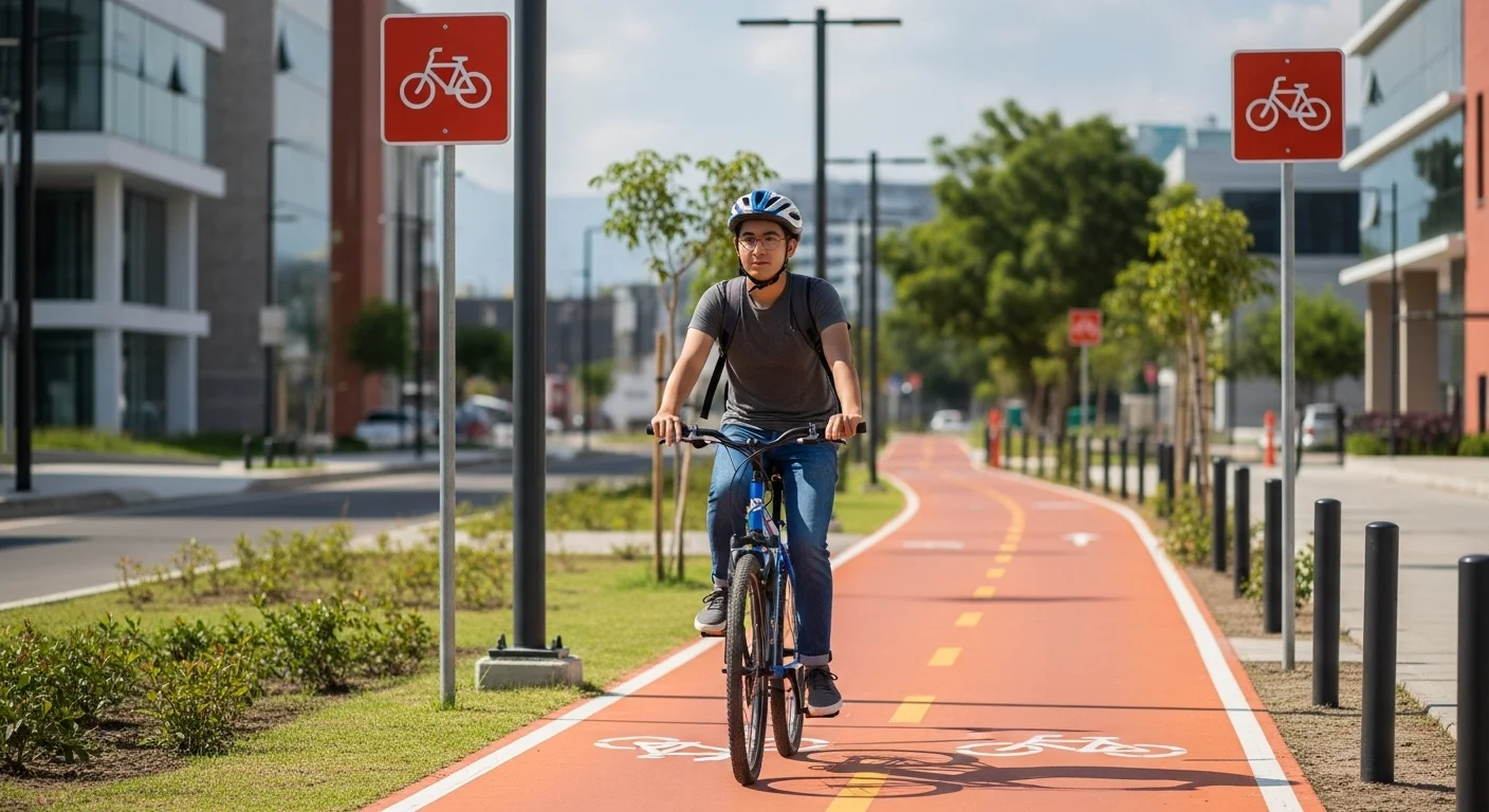 Un ciclista urbano circula por una ciclovía bien señalizada en un municipio de México, demostrando la importancia de la infraestructura municipal para la seguridad vial.