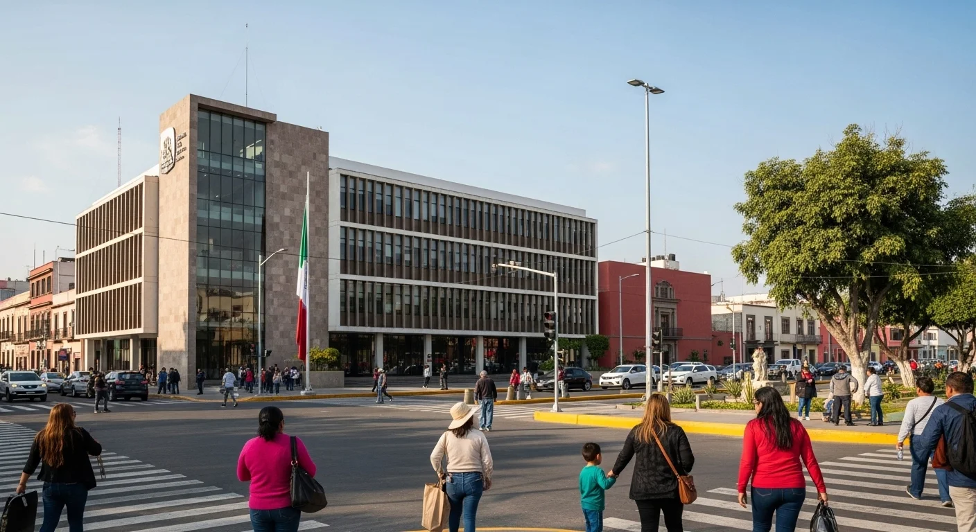 Edificio de un palacio municipal en México, con ciudadanos y vehículos, representando la vida y la gestión pública en los municipios.