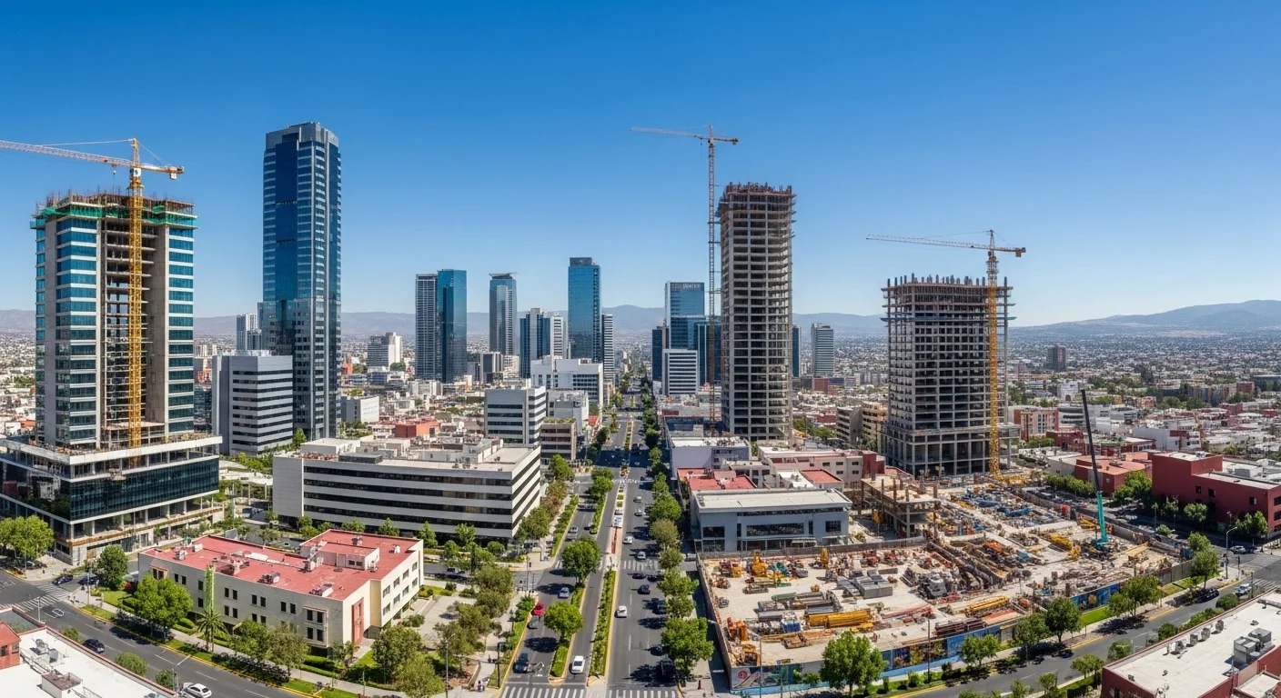 Vista panorámica de una ciudad mexicana con grúas de construcción, simbolizando el desarrollo de infraestructura y la obra pública en los municipios.