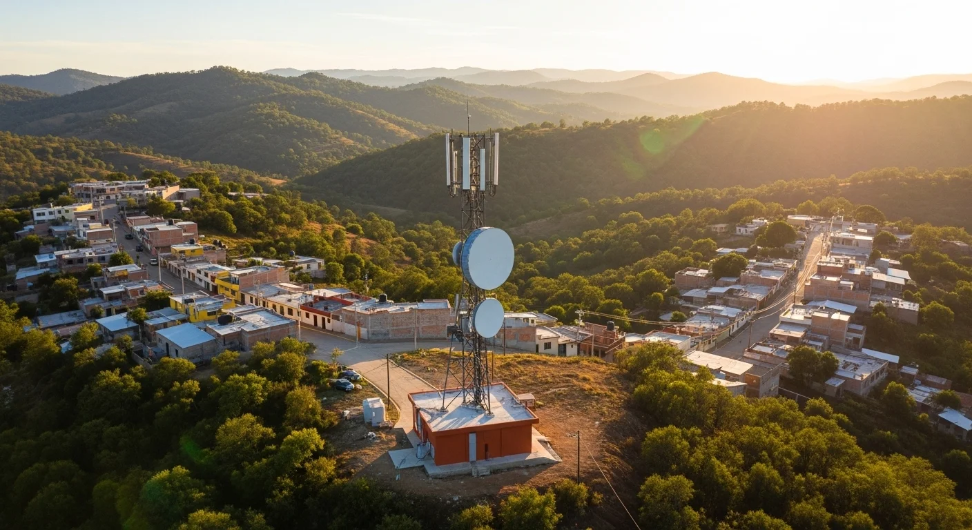 Antena de telecomunicaciones en una zona rural de un municipio mexicano, representando la infraestructura necesaria para el teletrabajo.