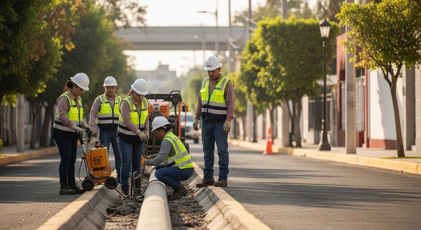 Trabajadores de un ayuntamiento en México realizando mantenimiento a la infraestructura hidráulica municipal, financiada por el pago de servicios.