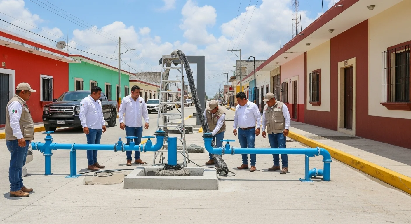 Trabajadores de la JAPAY supervisando una instalación de infraestructura hidráulica en una calle de un municipio de Yucatán, mostrando la colaboración con el ayuntamiento.